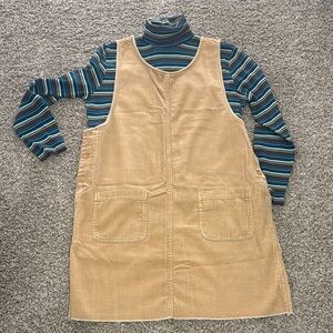 Falls Creek Tan Corduroy Midi Dress with Striped Undershirt